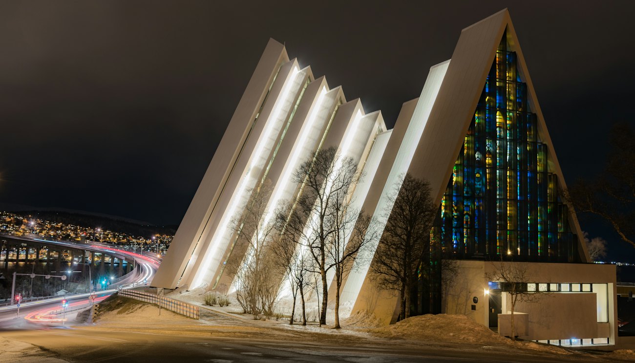 The Arctic Cathedral in Tromsø illuminated at night