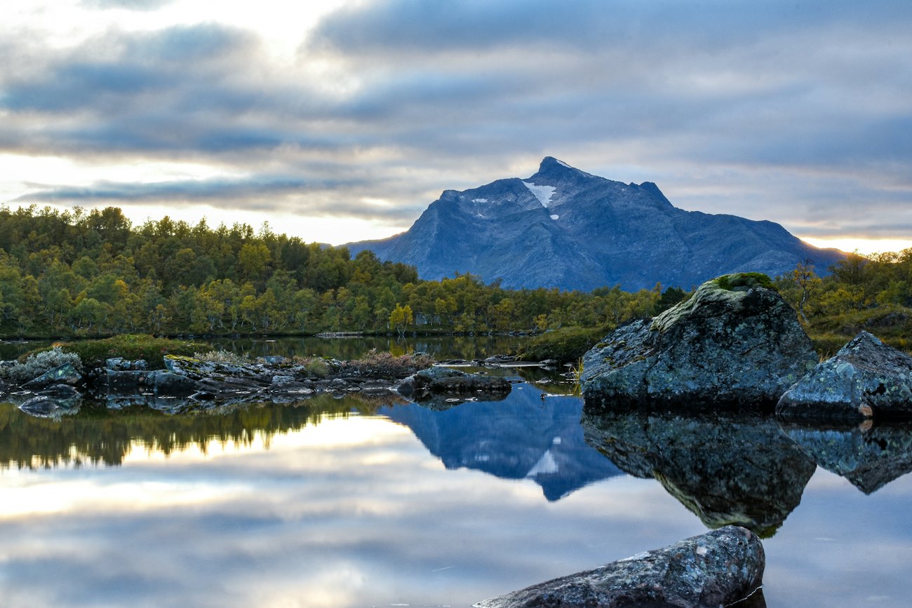 A mountain reflected in a calm lake ringed by autumn birch forest